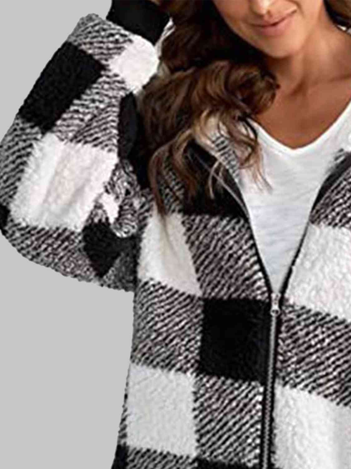 Plaid Zip-Up Hooded Jacket with Pockets | Warm Cozy Fuzzy Sherpa Jacket Shirt