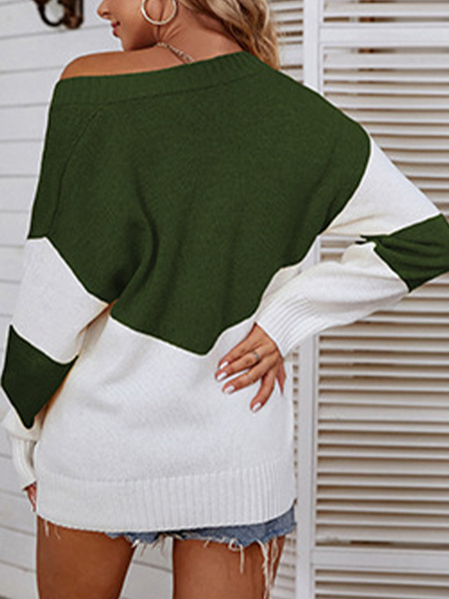 Color Block V-Neck Sweater | Casual Sweater With Ribbed Sleeves And Hem