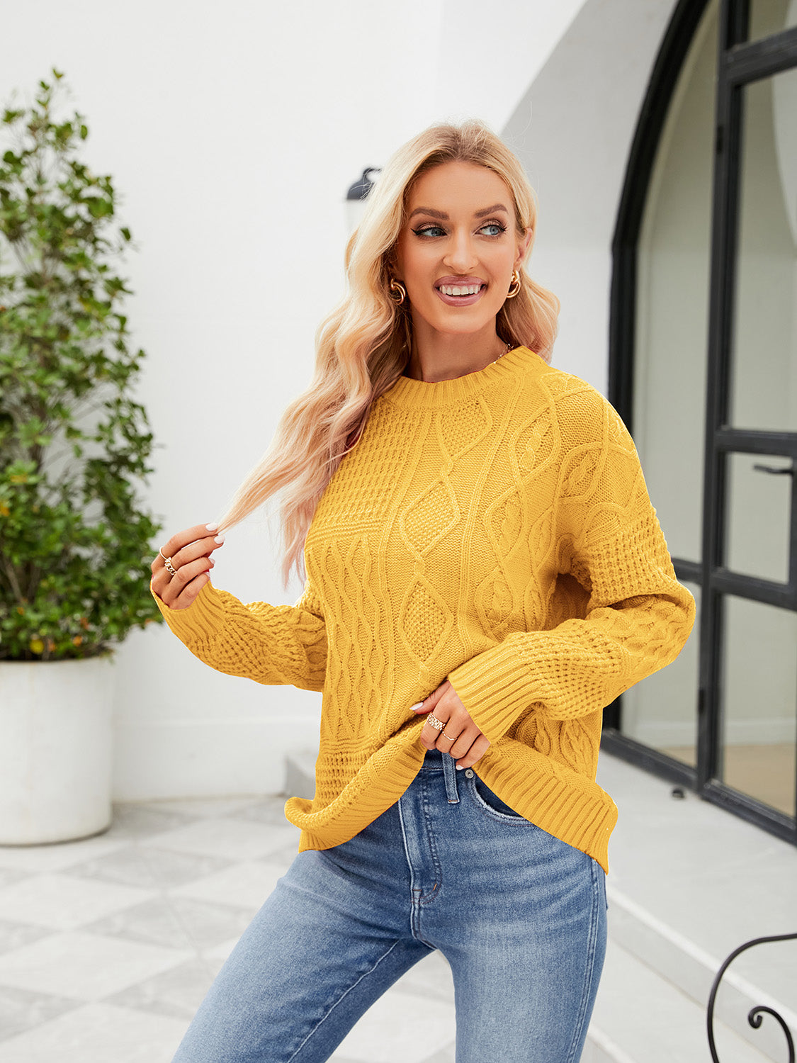 Round Neck Dropped Shoulder Sweater | Solid Acrylic Sweater With Long Sleeves