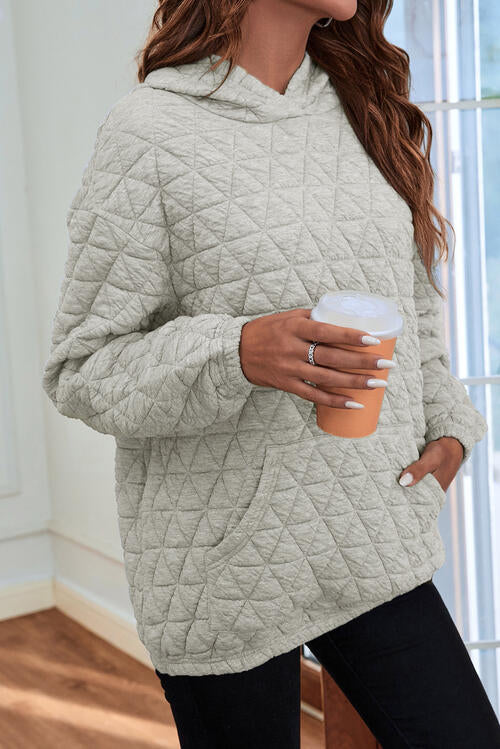 Quilted Long Sleeve Hoodie with Pocket | Polyester Hoodie With Cuffed Sleeves