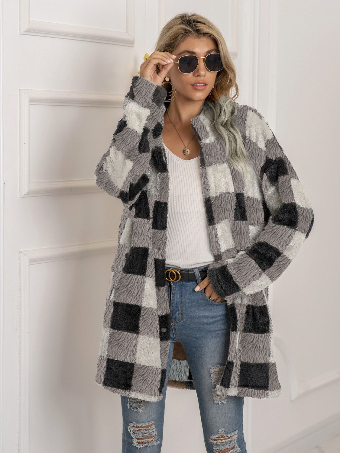 Plaid Collared Neck Longline Coat | Coat With Clasp Closure & Long Sleeves