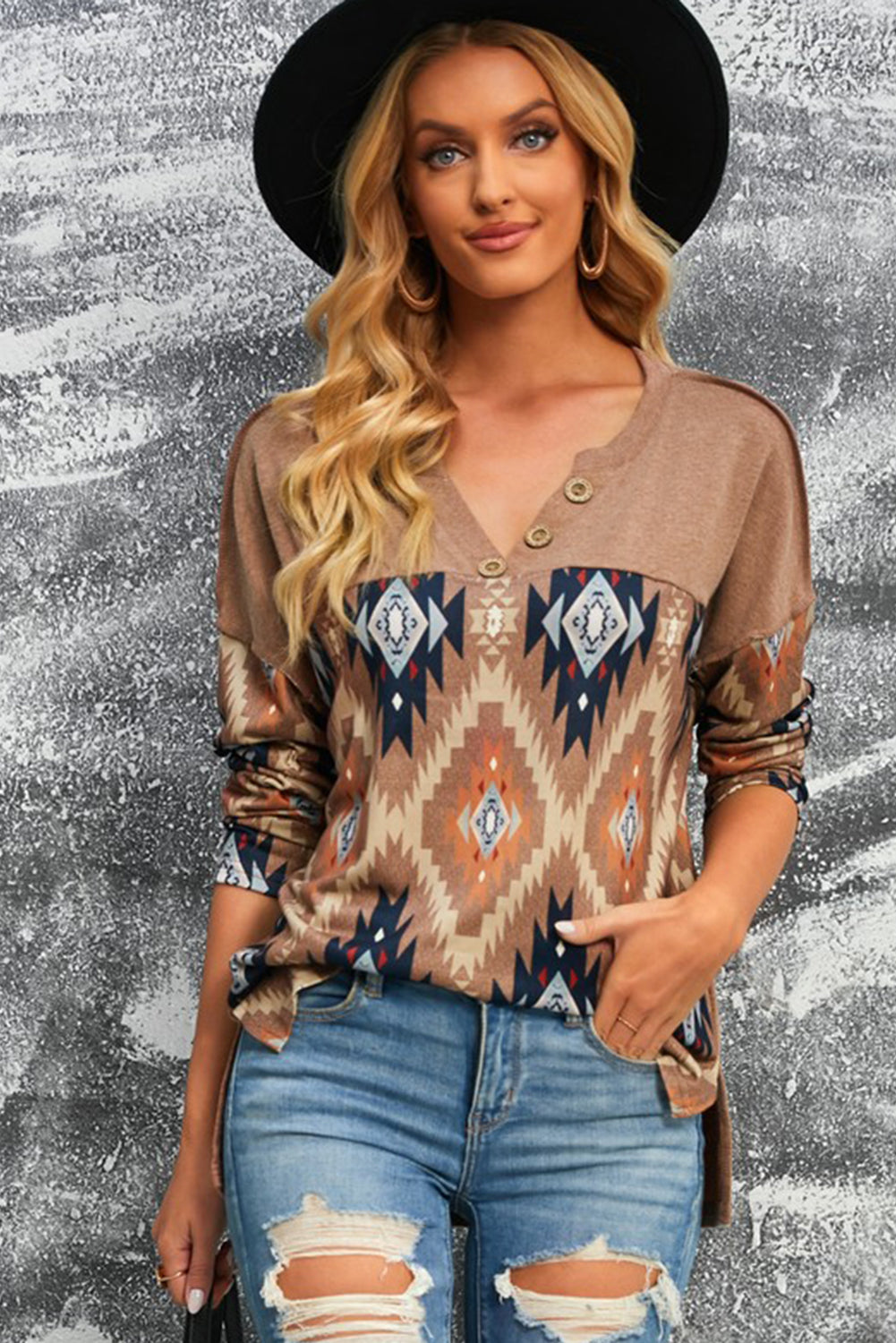 Brown Western Print Buttoned V Neck Top