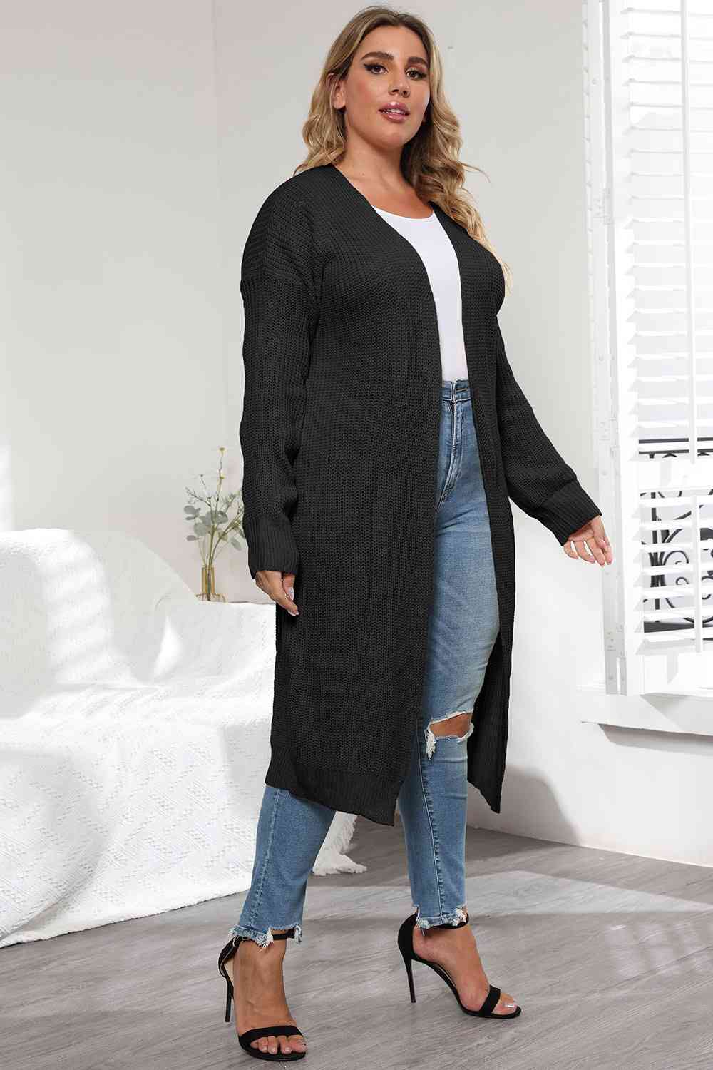 Plus Size Open Front Long Sleeve Cardigan | Casual Solid Long Acrylic Cardigan