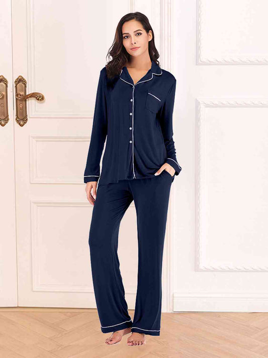 Collared Neck Long Sleeve Loungewear Set with Pockets | Stretchy Nylon Set