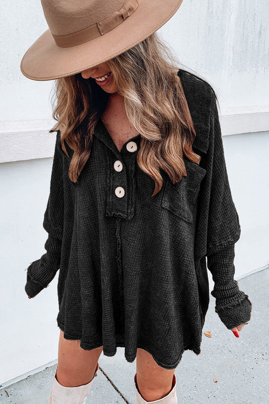 Waffle Knit Buttoned Long Sleeve Top with Breast Pocket | Top With Wide Collar