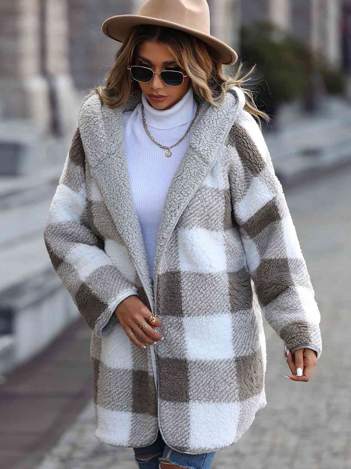 Plaid Open Front Hooded Coat | Casual Woman's Polyester Coat With Long Sleeves