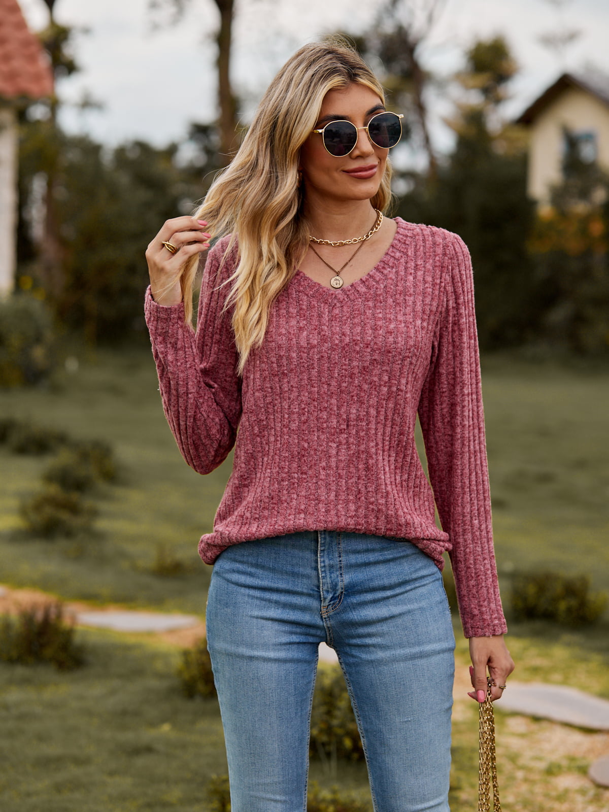 Ribbed V-Neck Long Sleeve Tee | Casual Polyester Tee With Heathered Pattern