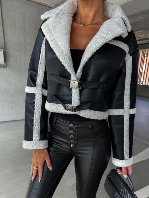 Collared Buckle Detail Jacket | Polyester Cropped Jackett With Straps