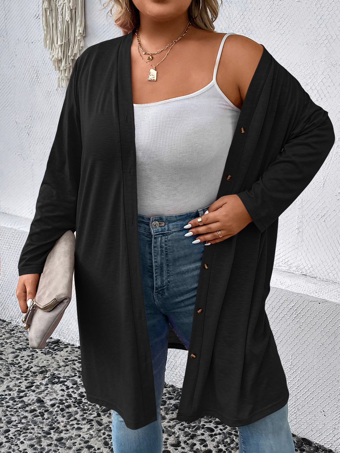 Plus Size Button Down Longline CardiganPlus Size Button Down Longline Cardigan | Polyester Cardigan With Long Sleeves