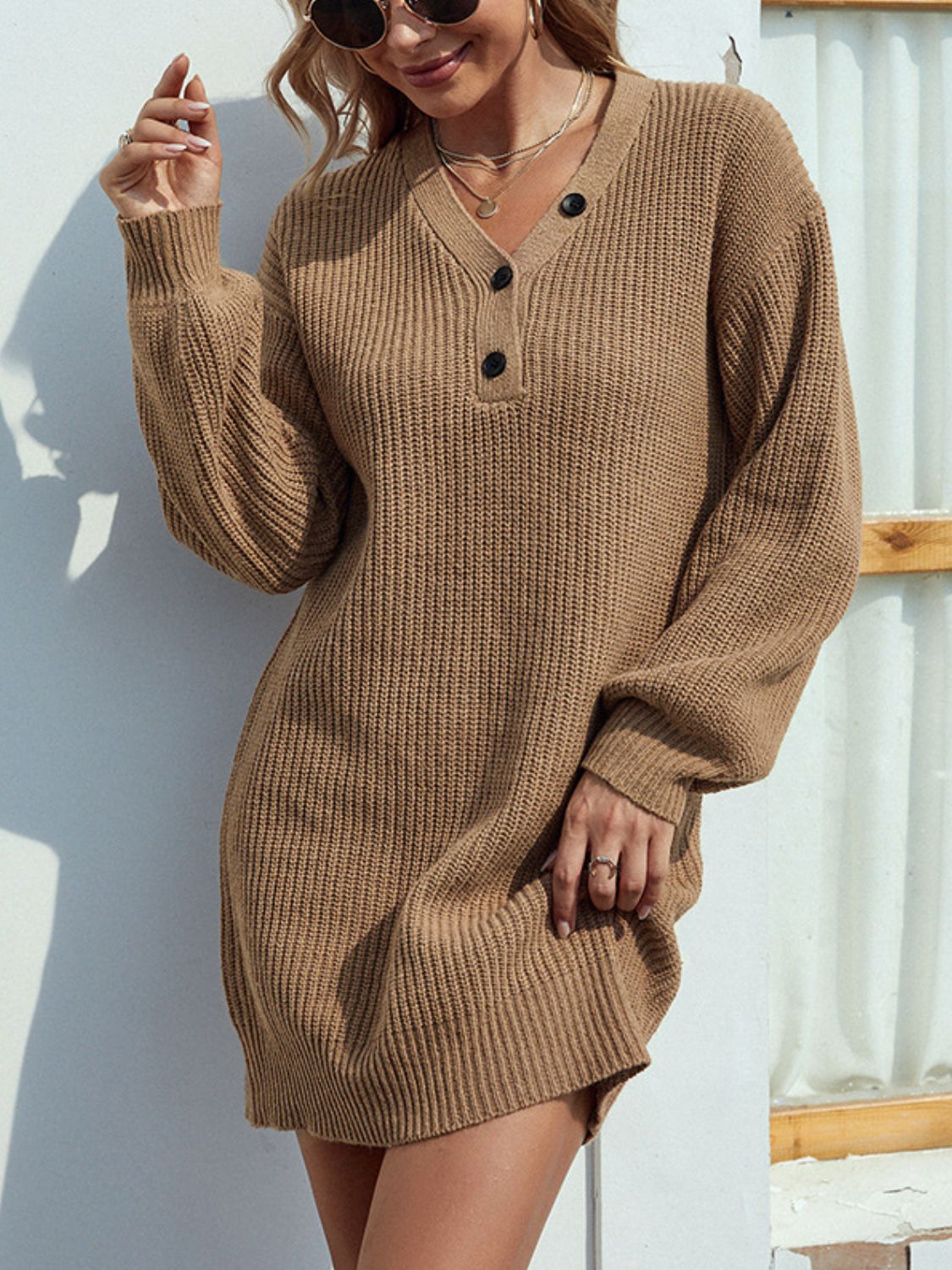 Buttoned V-Neck Sweater Dress | Casual Buttoned Ribbed Dress With long Sleeves