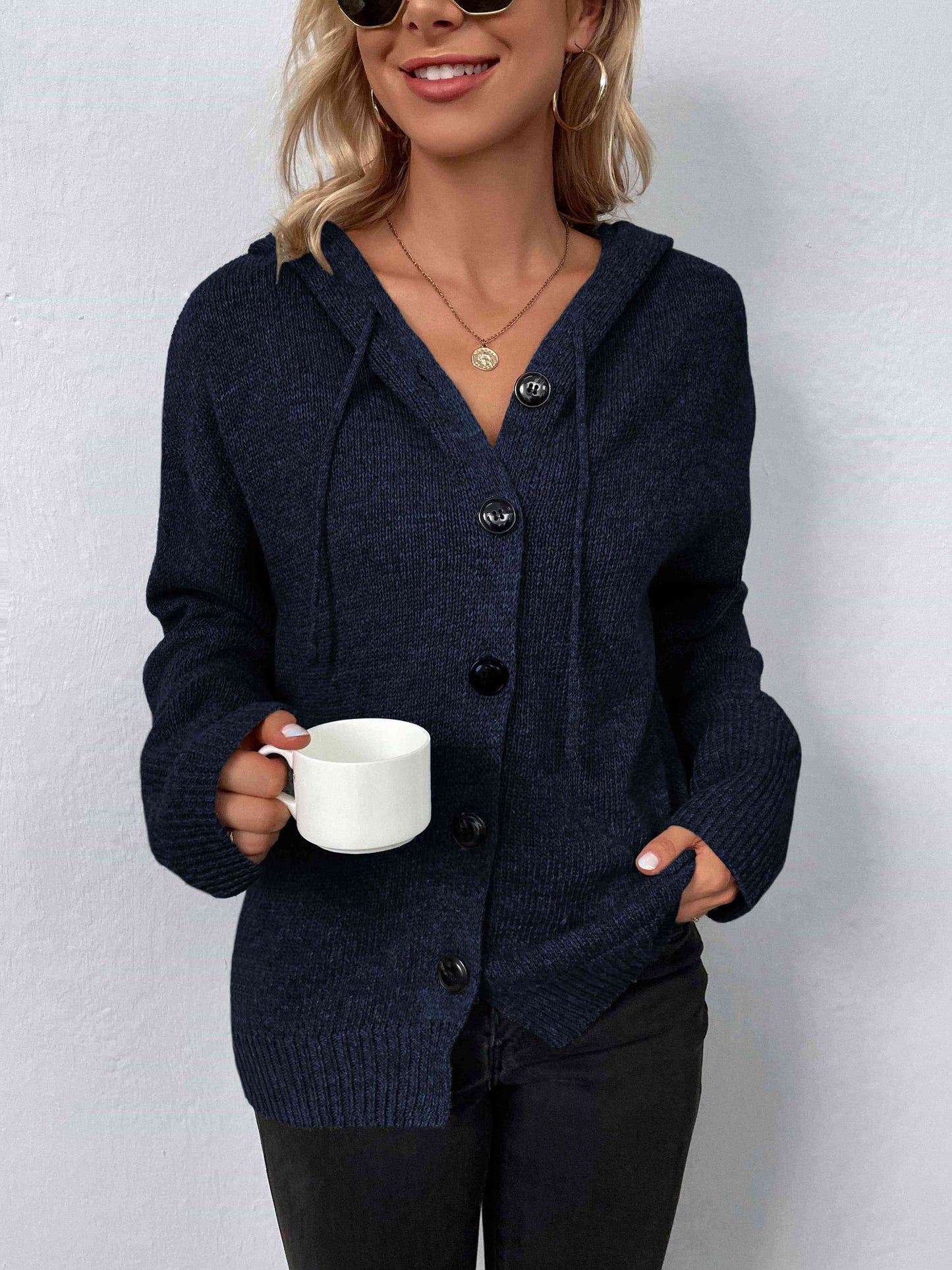 Button-Down Long Sleeve Hooded Sweater | Solid Sweater With Ribbed Cuffs