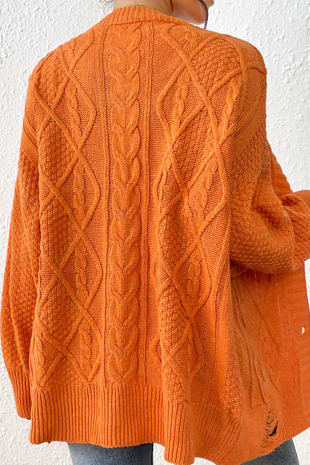 Round Neck Long Sleeve Cardigan | Cable Knit Acrylic Cardigan With Ribbed Hem