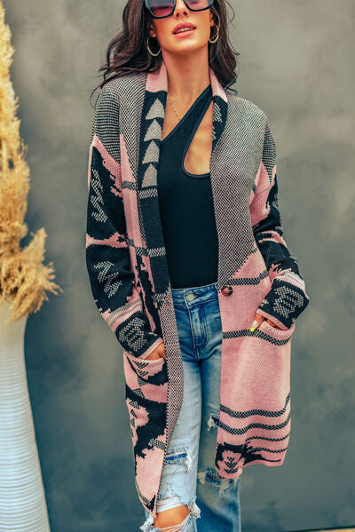 Geometric Open Front Pocketed Cardigan | Acrylic Cardigan With Single Button