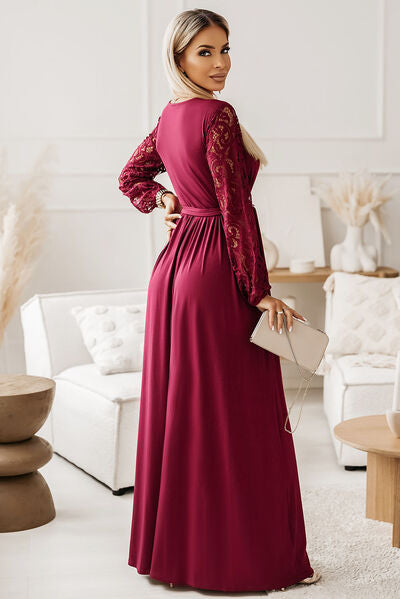 Lace Detail Surplice Tie-Waist Maxi Dress | Formal A-Line Dress With Long Sleeve