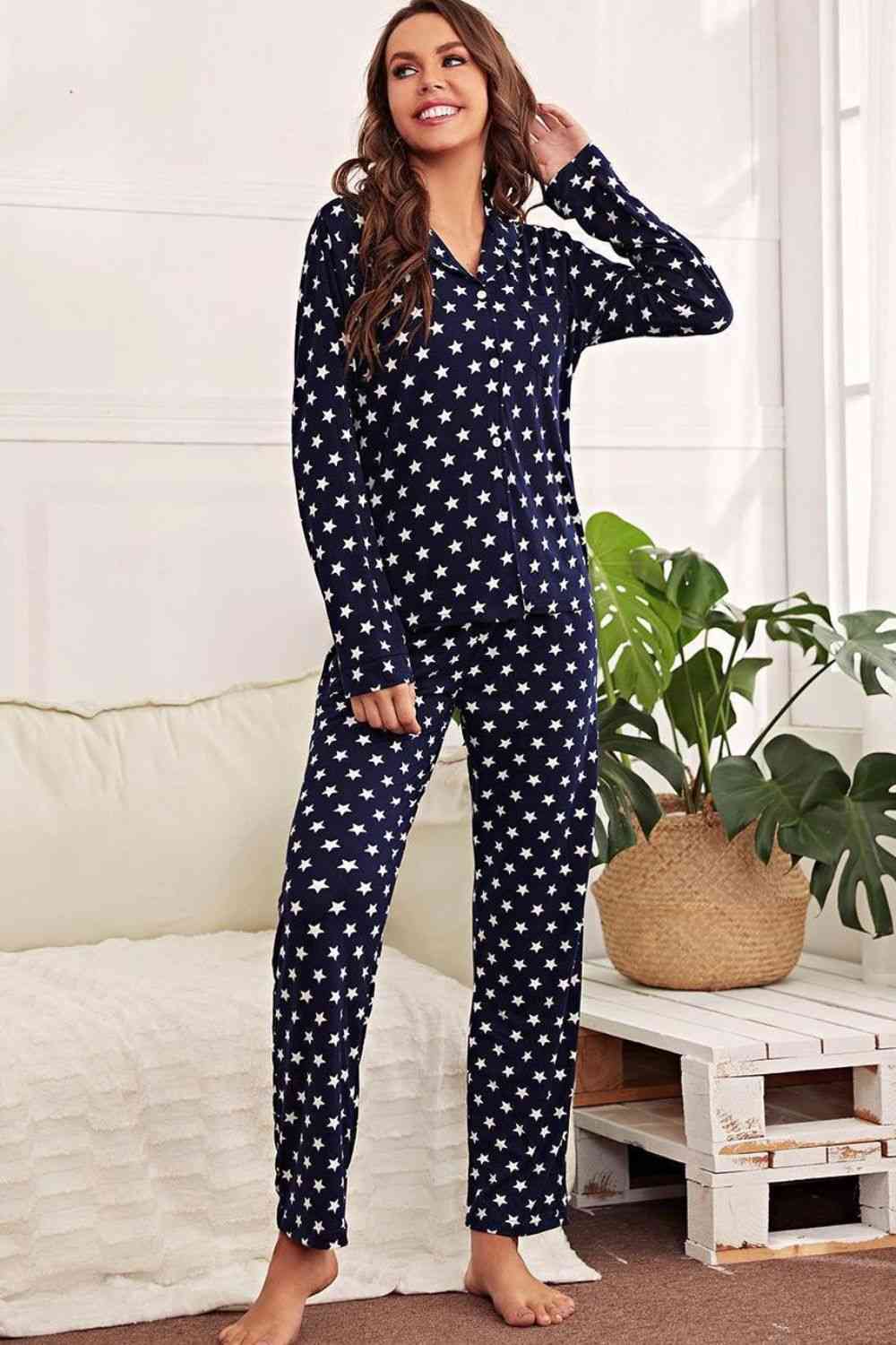 Star Print Button-Up Shirt and Pants Lounge Set | Polyester Stretchy Set