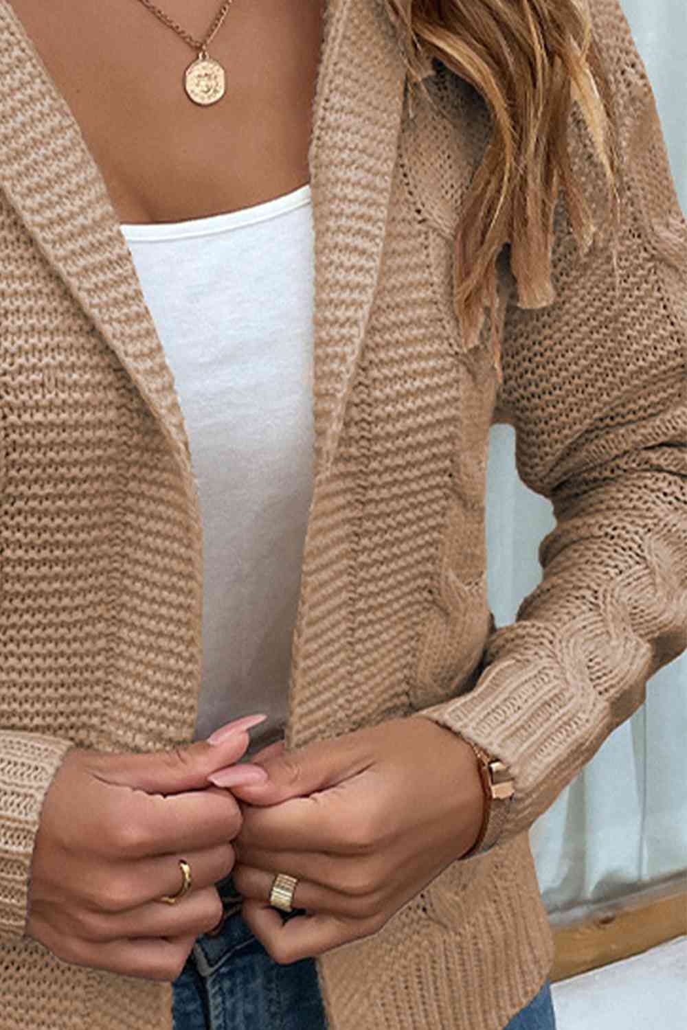 Cable-Knit Dropped Shoulder Hooded Cardigan | Casual Solid Ribbed Cardigan