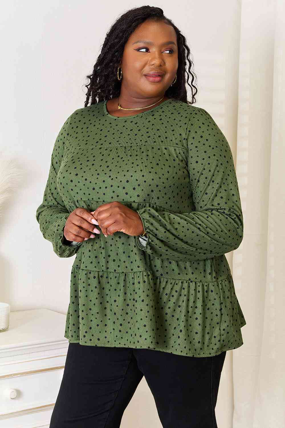 Heimish Full Size Long Puff Sleeve Polka Tiered Top | Stretchy Polyester Top