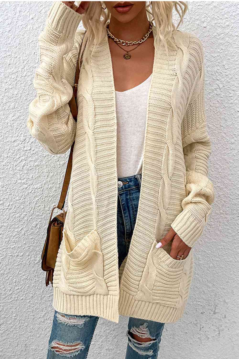 Cable-Knit Open Front Cardigan with Pockets | Casual Ribbed Polyester Cardigan