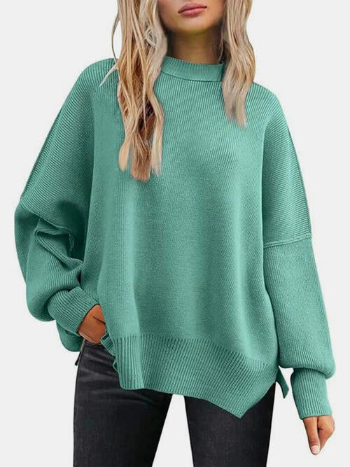 Round Neck Drop Shoulder Slit Sweater | Woman's Casual Stretchy Ribbed Sweater
