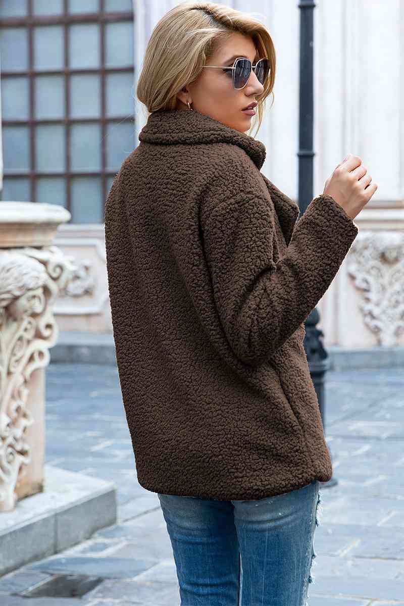 Full Size Lapel Collar Sherpa Coat | Solid  Double-breasted Pocketed Coat