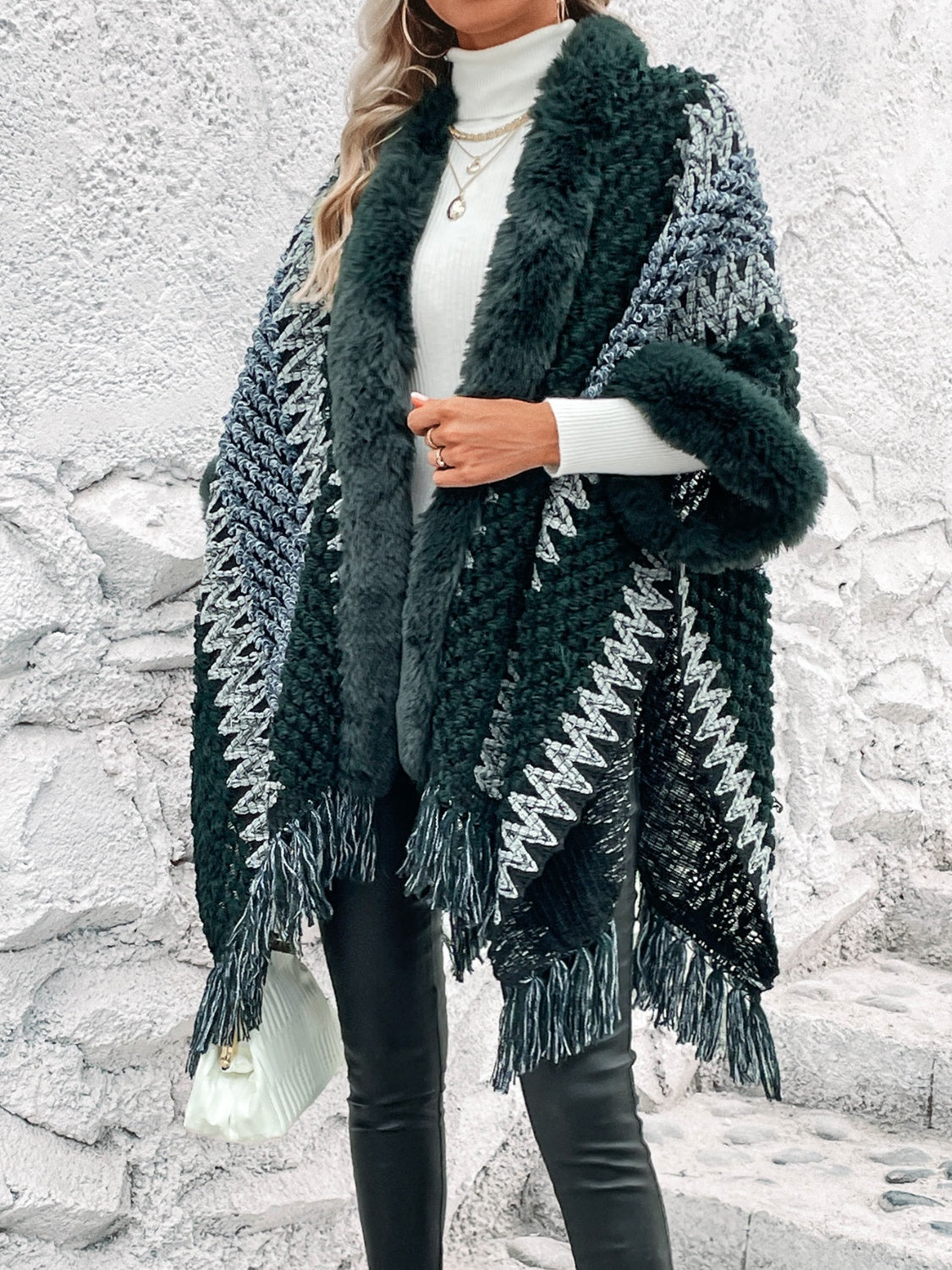 Striped Fringe Hem Poncho | Casual Acrylic Polyester Trendy Fur Poncho