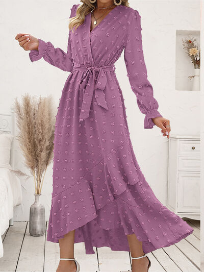 Swiss Dot Tie Waist Flounce Sleeve Dress | Long A-Line Dress With Long Sleeves