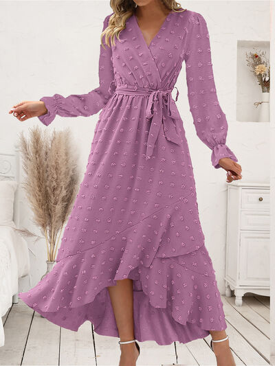 Swiss Dot Tie Waist Flounce Sleeve Dress | Long A-Line Dress With Long Sleeves