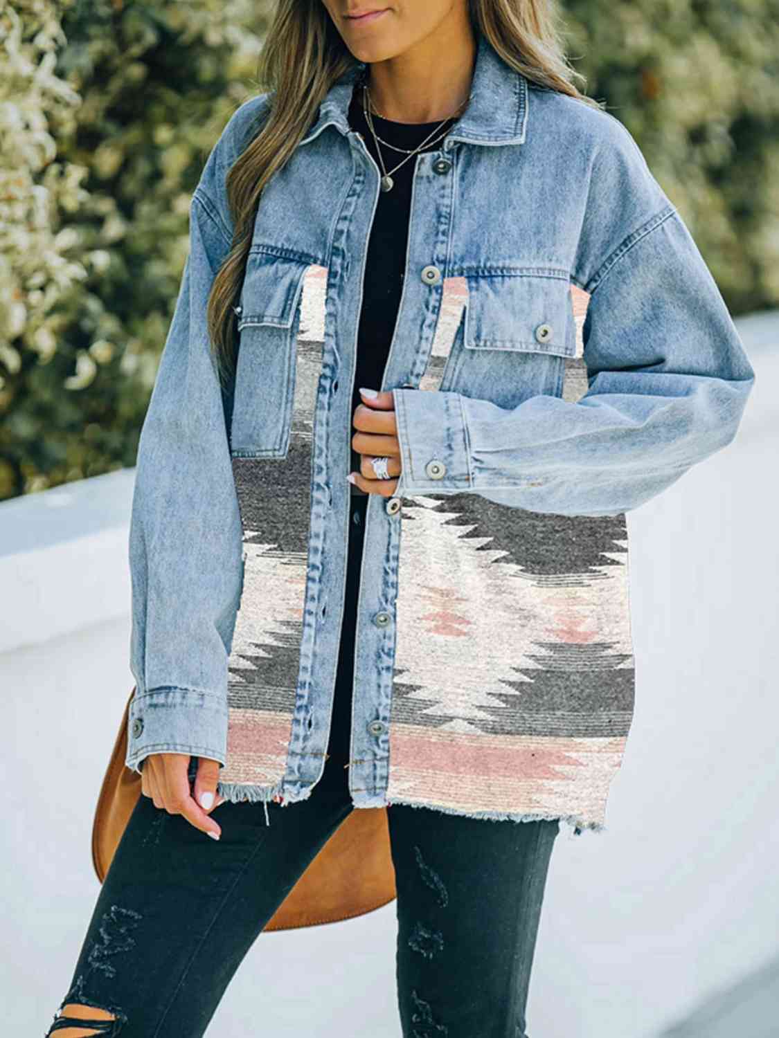 Collared Neck Dropped Shoulder Denim Jacket | Buttoned Jacket With Pockets