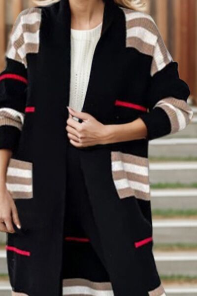 Striped Open Front Long Sleeve Longline Sweater Cardigan | Casual Cardigan