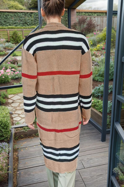 Striped Open Front Long Sleeve Longline Sweater Cardigan | Casual Cardigan