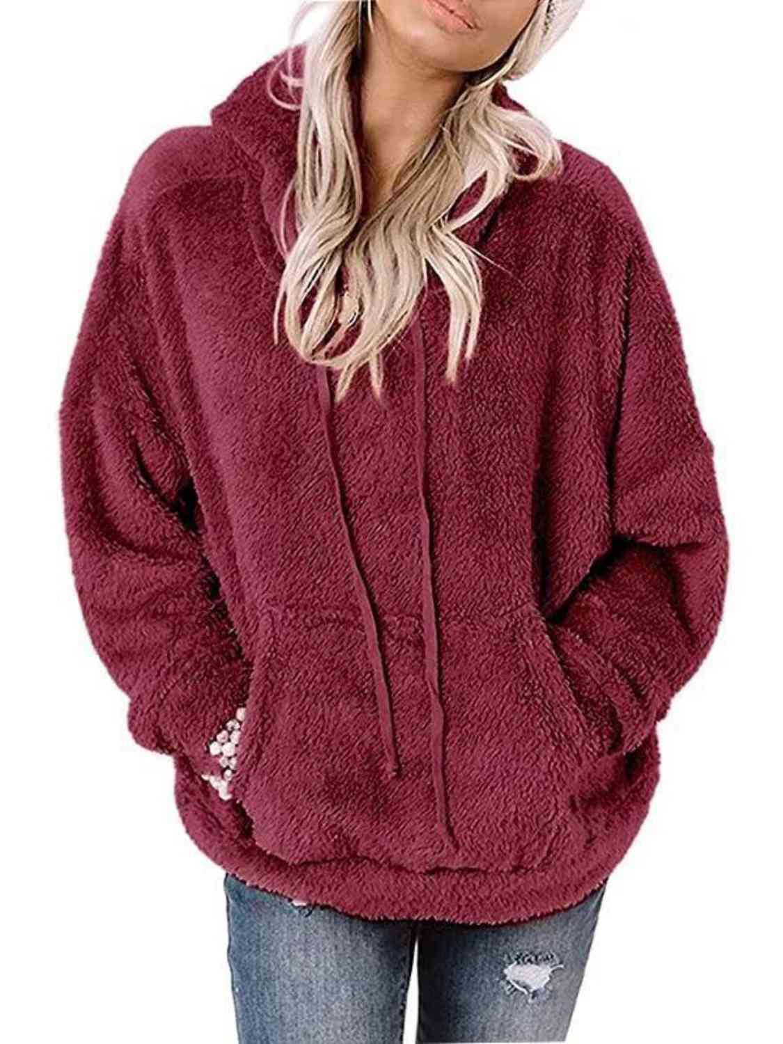 Drawstring Teddy Hoodie with Pocket | Solid Polyester Hoodie With Cuffed Sleeves