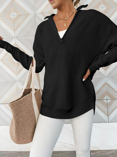 Half Zip Long Sleeve Knit Top | Casual Woman's Solid Stretchy Drop Shoulder Top