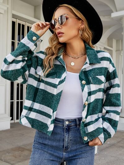 Plaid Button Up Pocketed Jacket | Casual polyester Jacket With Collar Neck