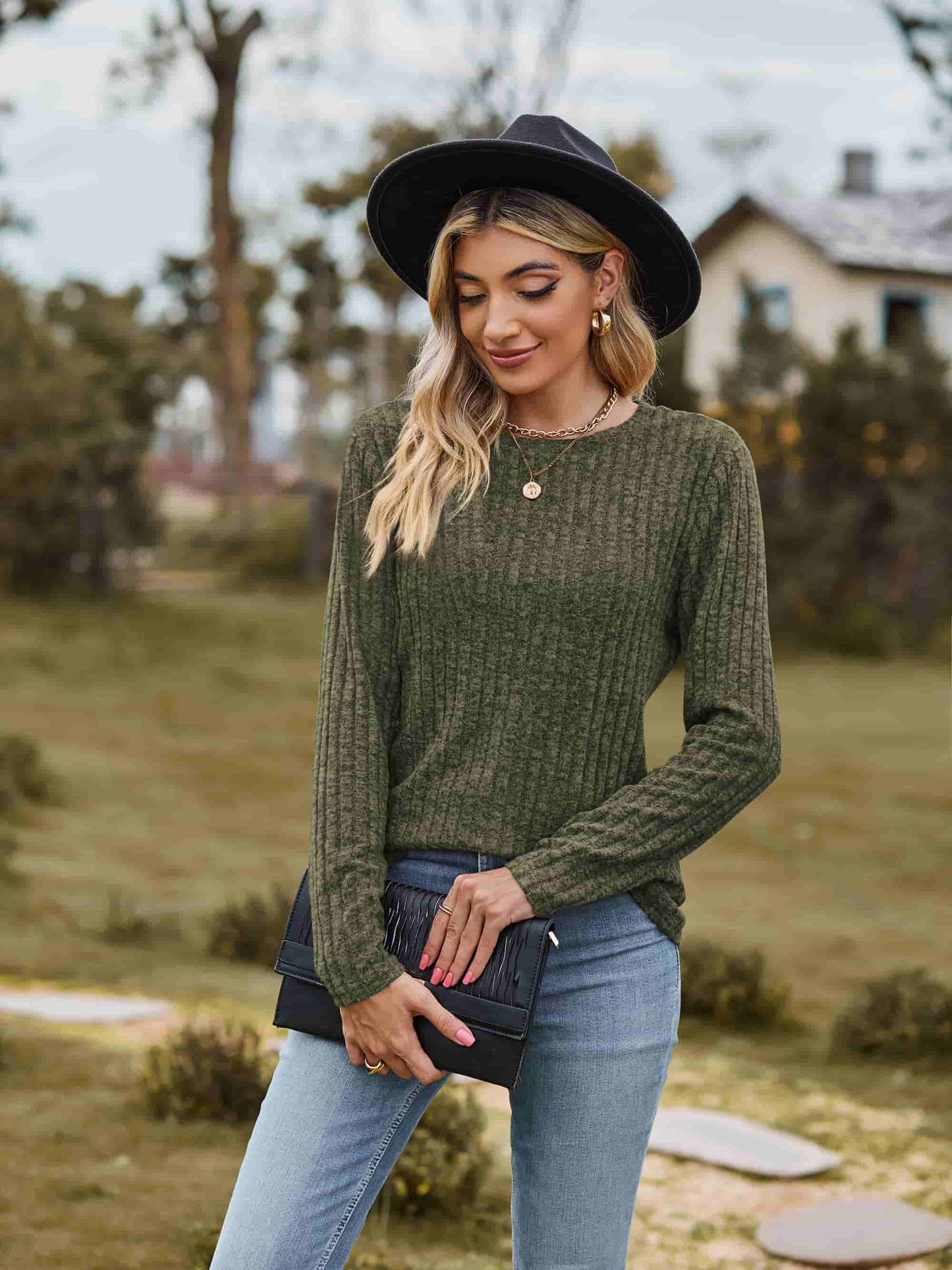 Ribbed Round Neck Long Sleeve Tee | Casual Heathered Solid Polyester Top