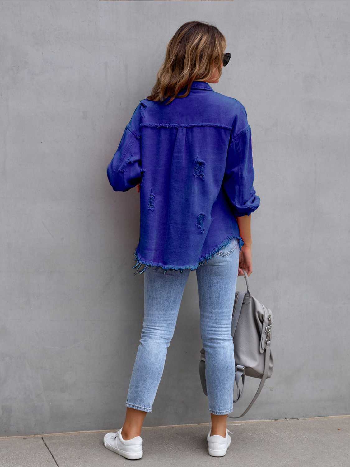 Distressed Drop Shoulder Denim Jacket | Solid Pocketed Jacket With Raw Hem