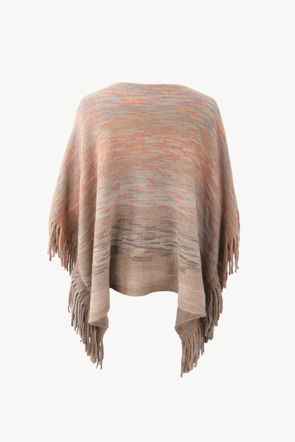 Round Neck Fringe Detail Poncho | Casual Woman's Knitted Stretch Acrylic Poncho