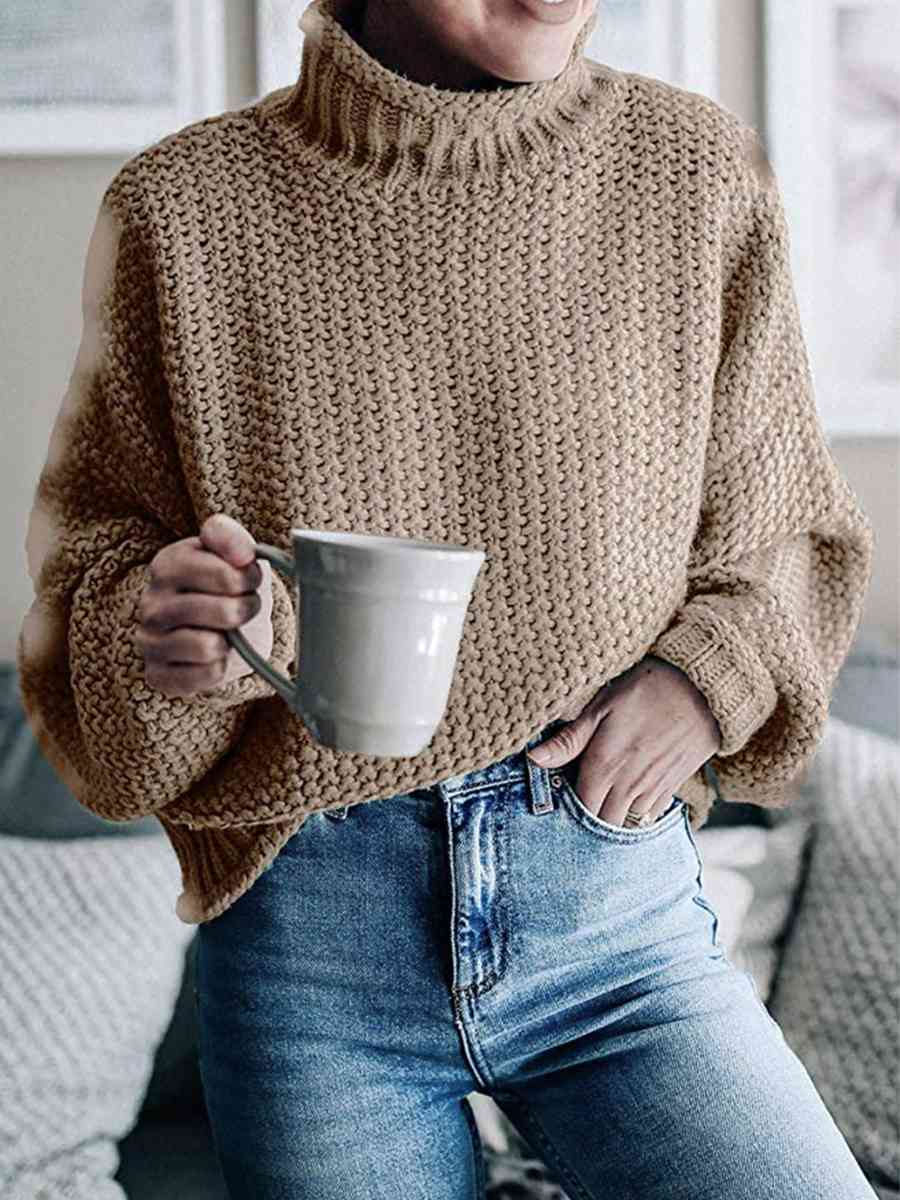 Turtleneck Dropped Shoulder Sweater | Casual Relaxed Fit Stretch Sweater