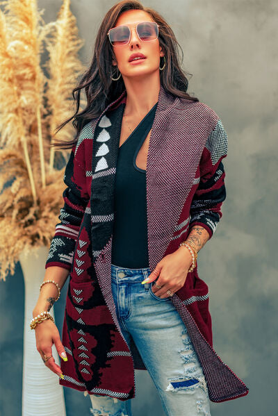 Geometric Open Front Pocketed Cardigan | Acrylic Cardigan With Single Button