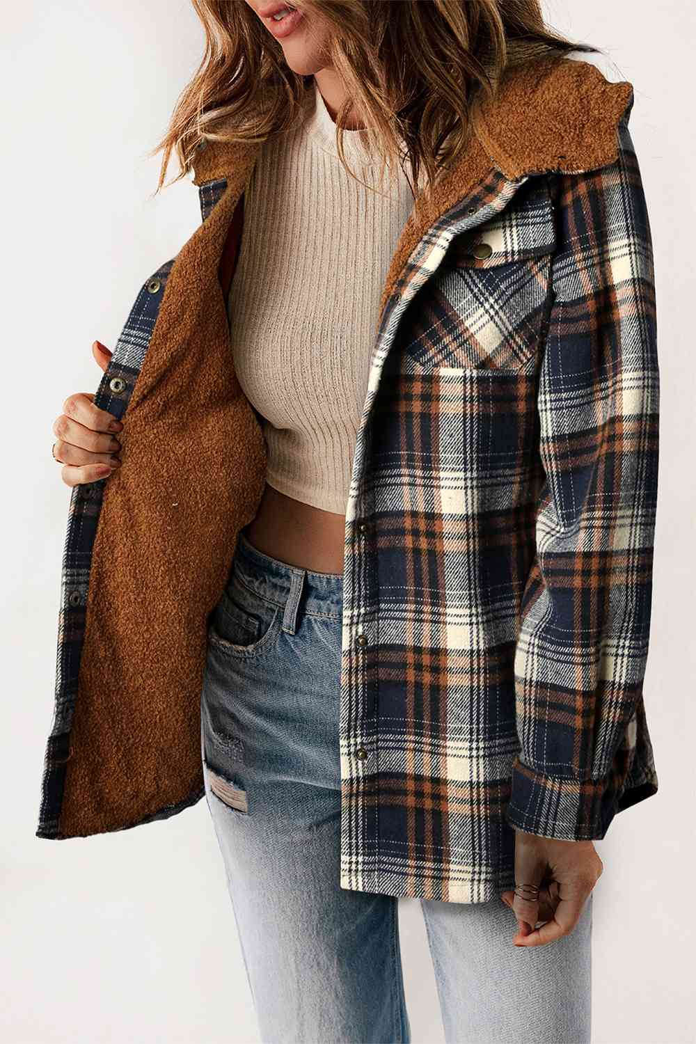 Plaid Snap Down Hooded Jacket | Casual Pocketed Jacket With Long Sleeves