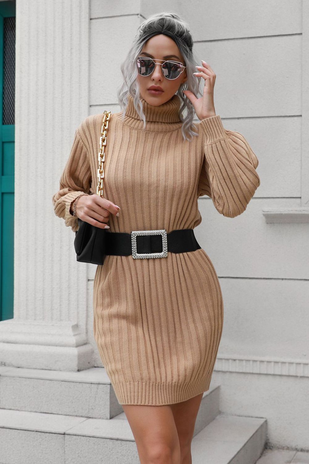 Ribbed Turtle Neck Long Sleeve Mini Sweater Dress | Solid Acrylic Sweater Dress