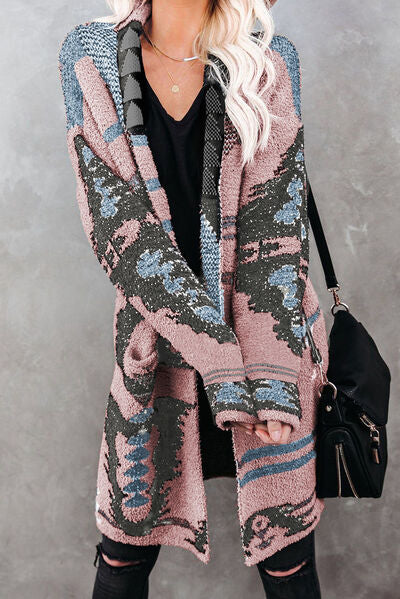 Geometric Open Front Pocketed Cardigan | Acrylic Cardigan With Single Button