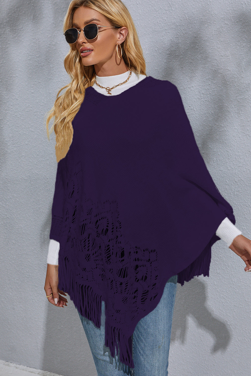 Round Neck Fringe Detail Poncho | Solid Acrylic Poncho With Long Sleeves