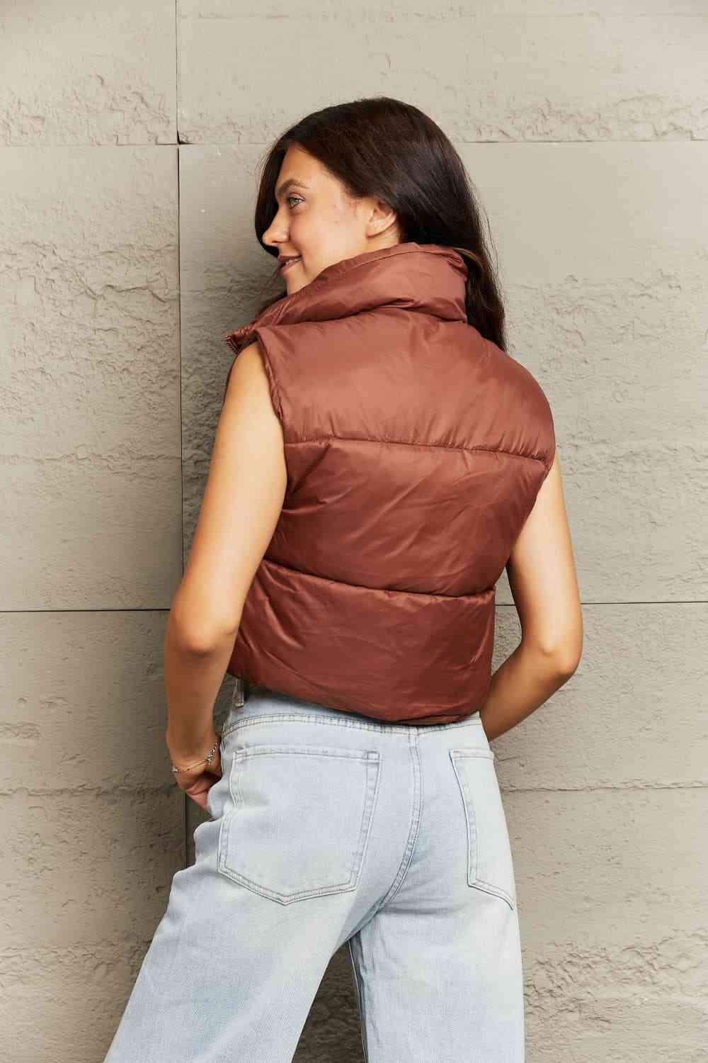 Zip-Up Drawstring Puffer Vest | Cropped Solid Band Collar Polyester Vest