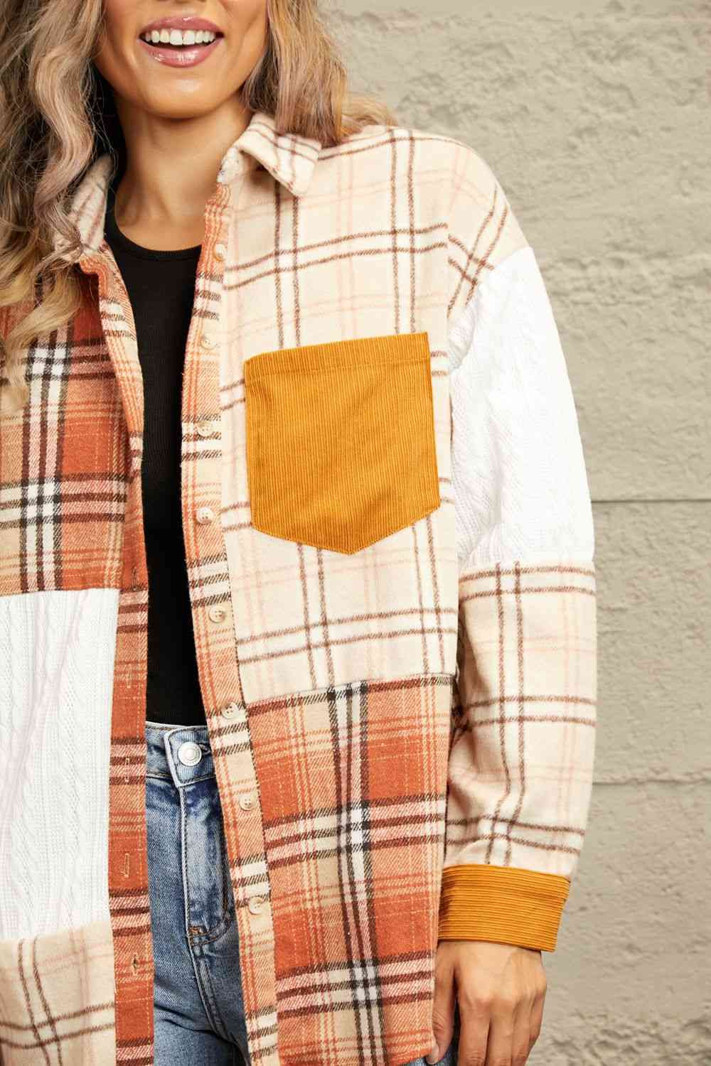 Double Take Plaid Color Block Dropped Shoulder Shacket | Pocketed Shacket