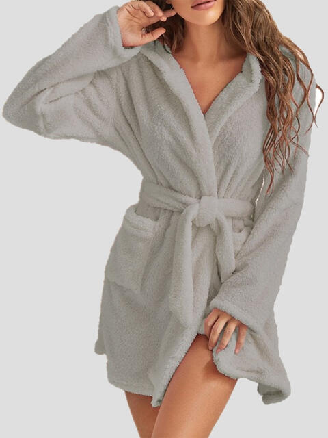 Tie Waist Hooded Robe | Soft Solid Stretched Polyester Robe With Pockets