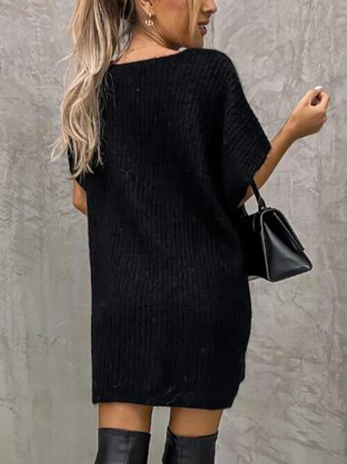 V-Neck Short Sleeve Sweater with Pockets | Casual Stretchy Polyester Sweater