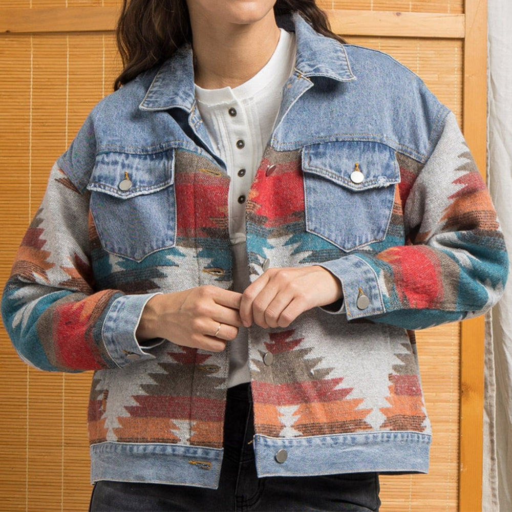 Printed Button Down Denim Shacket | Casual Cotton Jacket With Collar Neckline