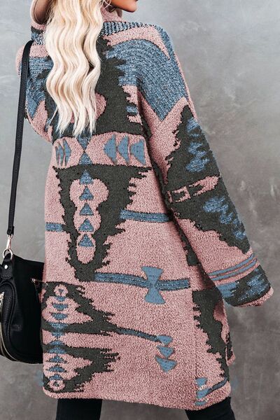 Geometric Open Front Pocketed Cardigan | Acrylic Cardigan With Single Button