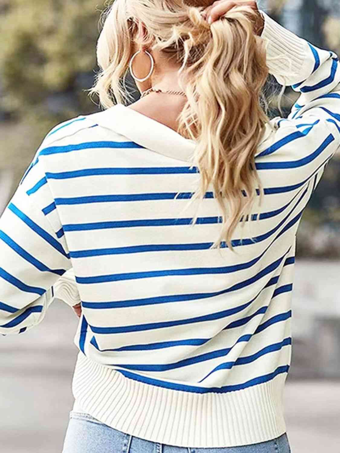 Striped Collared Neck Knit Top | Polyester Top With Ribbed Hem And Sleeves