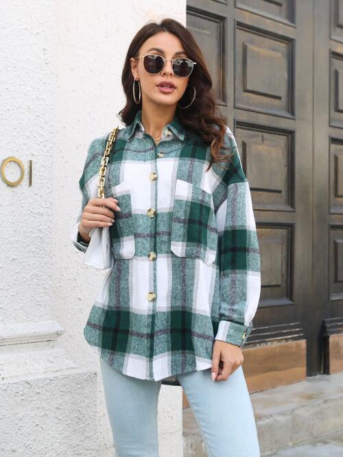 Plaid Button Up Collared Neck Long Sleeve Shirt | Pocketed Polyester Jacket